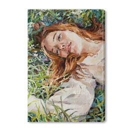 Rudowłosa dziewczyna leżąca w trawie na łące. Malarstwo