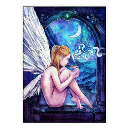Kobieta anioł siedząca w oknie - ilustracja fantasy