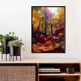 Plakat w ramie Jesień w lesie rozświetlona złotymi promieniami słońca