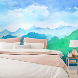 Fototapeta samoprzylepna Góry w odcieniach błękitu i zieleni malowane akwarelą