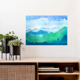 Plakat samoprzylepny Góry w odcieniach błękitu i zieleni malowane akwarelą