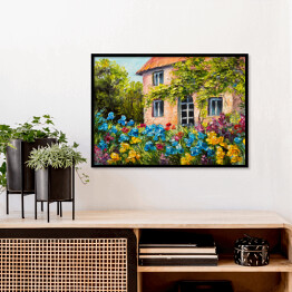 Plakat w ramie Obraz olejny - dom w ogrodzie kwiatowym