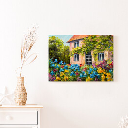Obraz na płótnie Obraz olejny - dom w ogrodzie kwiatowym