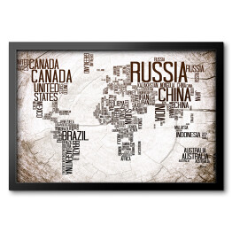 Obraz w ramie Mapa świata z nazwami krajów na jasnym, szarym tle