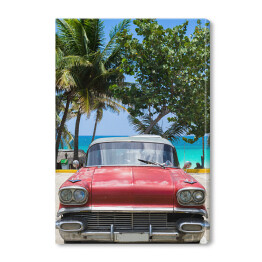 Obraz na płótnie Stary czerwony samochód na piaszczystej plaży - Hawana, Kuba