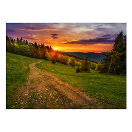 Plakat Ścieżka w polskich górach w trakcie złotego zachodu słońca