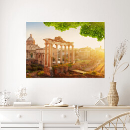 Plakat samoprzylepny Rzymskie Forum, ruiny w Rzymie - kompozycja z zielonymi liśćmi