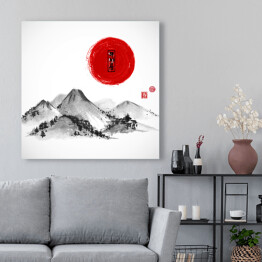 Obraz na płótnie Góry i czerwony słońce - ilustracja w japońskim klimacie