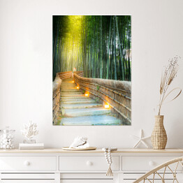 Plakat samoprzylepny Arashiyama las bambusowy z podświetlonym mostkiem