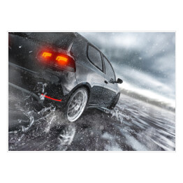 Plakat Szybka jazda samochodem na mokrej drodze