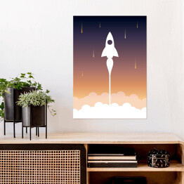 Plakat Start rakiety na tle fioletowo pomarańczowego nieba
