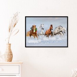Plakat w ramie Stado koni w śniegu - obraz świąteczny