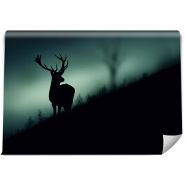 Fototapeta winylowa zmywalna Sylwetka jelenia w lesie w odcieniach koloru szarego i niebieskiego