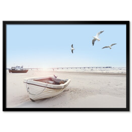 Plakat w ramie Piękny obraz plaży z łodzią i mewami