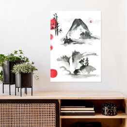 Plakat Czarno czerwona akwarela japońska z bambusem
