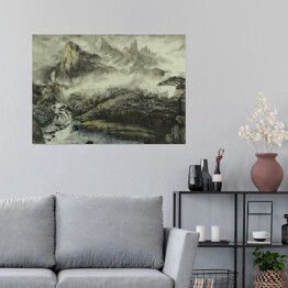 Plakat Chińskie góry, wodospad i mały dom