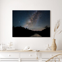 Obraz na płótnie Krajobraz nieba pełnego gwiazd nad rzęką otoczoną drzewami