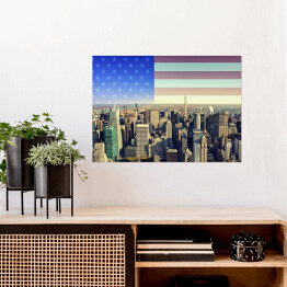 Plakat Panorama Nowego Jorku z amerykańską flagą w tle