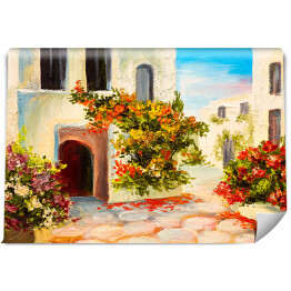 Fototapeta samoprzylepna Obraz olejny - dom ozdobiony kwiatami - letni krajobraz