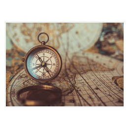 Plakat Antyczny kompas i mapa świata