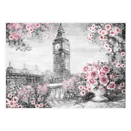 Plakat samoprzylepny Big Ben z delikatnymi różami i wazonem