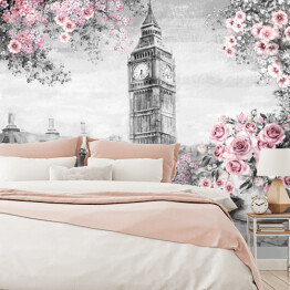 Fototapeta samoprzylepna Big Ben z delikatnymi różami i wazonem