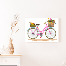Obraz na płótnie Różowy rower z kwiatami i warzywami w koszach