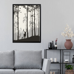 Obraz w ramie Rodziny jeleni i ptaków w lesie sosnowym