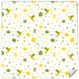 Tapeta winylowa zmywalna w rolce Zielono żółte ptaki, liście i geometryczne kształty