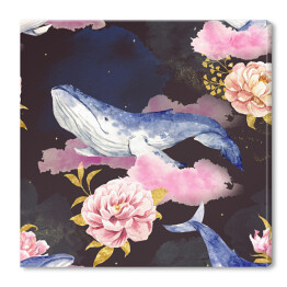 Obraz na płótnie Wieloryby na różowych chmurach wśród kwiatów
