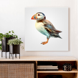 Obraz na płótnie Malowany jasny ptak z kolorowym dziobem na białym tle