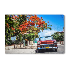 Obraz na płótnie Czerwony kabriolet zaparkowany na bocznym pasie w Varadero na Kubie 