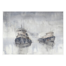 Plakat Dwie łodzie na morzu we mgle