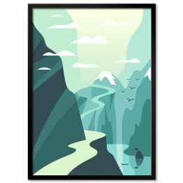 Plakat w ramie Jezioro i górska ścieżka - ilustracja w odcieniach błękitu i bieli