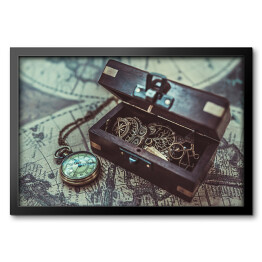 Obraz w ramie Vintage zegarek - naszyjnik na drewnianej skrzyni 