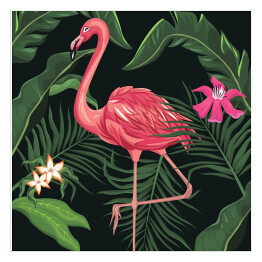 Plakat samoprzylepny Ciemnoczerwony flaming na tle tropikalnej roślinności