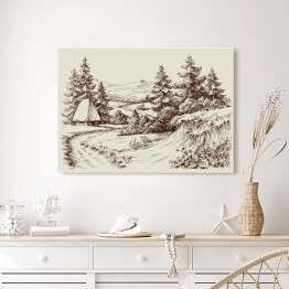 Obraz na płótnie Rustykalny dom, krajobraz alpejski - szkic