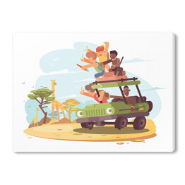 Obraz na płótnie Grupa turystów na safari - kolorowa ilustracja