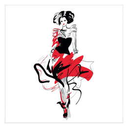 Plakat samoprzylepny Modelka w czerwono czarnej sukni na wybiegu
