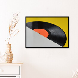 Plakat w ramie Winylowa płyta z pustą pomarańczową etykietą na żółtym tle