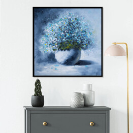 Plakat w ramie Obraz olejny na płótnie - bukiet niebieskich kwiatów w białym okrągłym wazonie 