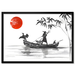 Plakat w ramie Tradycyjny japoński obraz - człowiek w łodzi na rzece