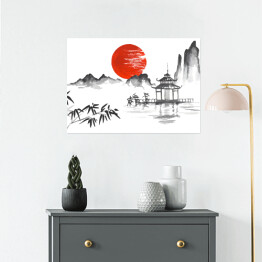 Plakat Tradycyjny japoński obraz - zachód słońca za górami