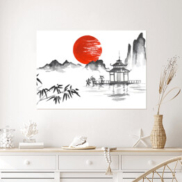 Plakat Tradycyjny japoński obraz - zachód słońca za górami
