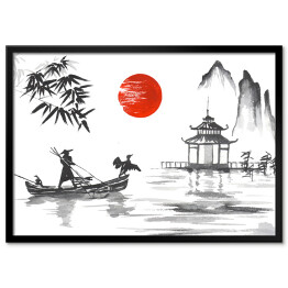 Plakat w ramie Tradycyjny japoński obraz - człowiek z łodzi przy altanie