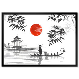 Plakat w ramie Tradycyjny japoński obraz - człowiek z łodzi