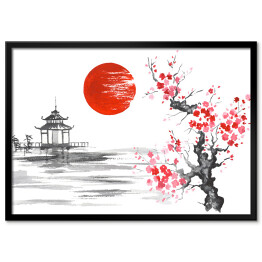 Plakat w ramie Tradycyjny japoński obraz - kwitnąca wiśnia nad rzeką blisko świątyni