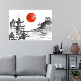 Plakat samoprzylepny Tradycyjny japoński obraz - góra, świątynia i jezioro 