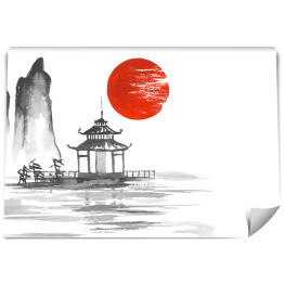 Fototapeta samoprzylepna Tradycyjne japońskie malarstwo - altana na jeziorze na tle słońca
