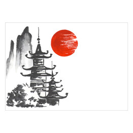Plakat samoprzylepny Tradycyjny japoński obraz - dwie światynie w górach